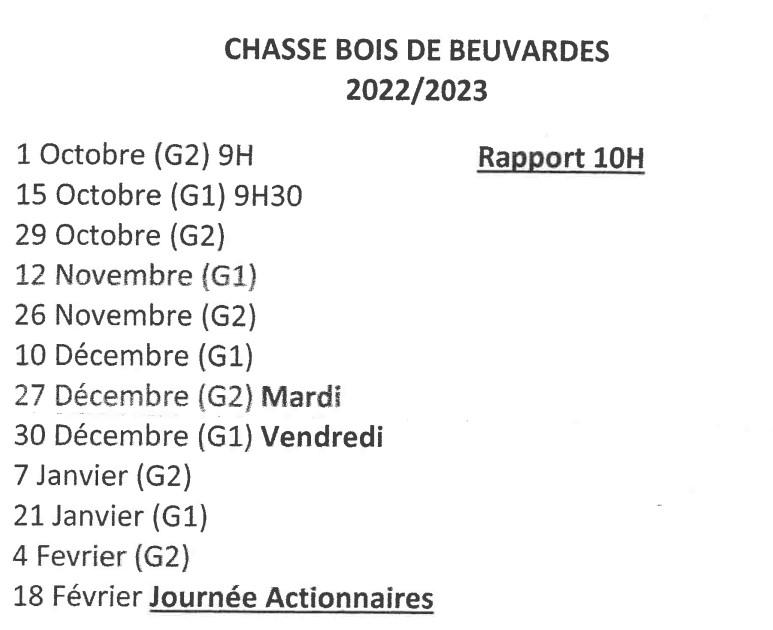 Calendrier chasse bois 2022/2023