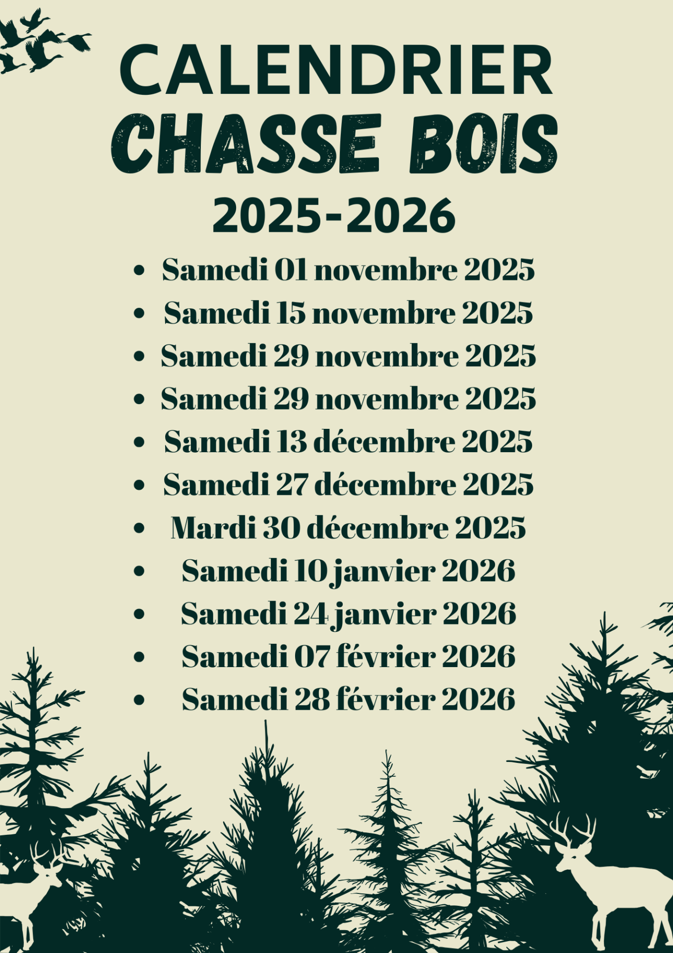Calendrier chasse bois 2025/2026